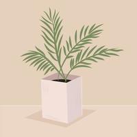 Palm leaves in a square stylish pot. A plant for decorating the interior of a home or office. Vector flat illustration