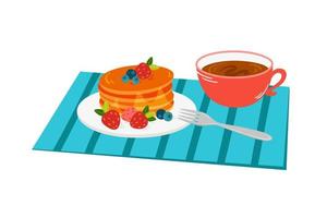 Morning breakfast - cup of tea, stack of homemade pancakes with honey syrup, strawberries, blueberries vector