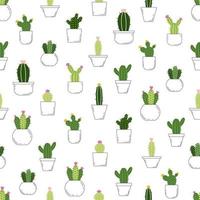 patrón tropical vectorial sin costuras con cactus florecientes brillantes y divertidos dibujados a mano en estilo de dibujos animados en macetas de flores sobre un fondo blanco vector