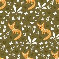 Cute little fox in green forest. Seamless vector print with abstract elements drawn in doodle style for kids textile, wrapping paper or printing on any surface