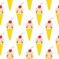 Cute childish pattern with vanilla ice cream in wafer cones. Funny vector sundae print for kids textile or wrapping paper