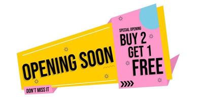 advertising banner containing opening soon and buy 2 get 1 free with mamphis theme and yellow background. vector