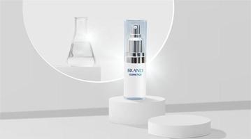 Skincare products and drugs chemical researches on white podium with beaker background vector