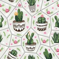 Vector seamless pattern with succulents and cactuses, Trendy tropical design for textile