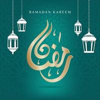 Ramadan Kareem islamic greeting design with Arabic pattern lantern and calligraphy
