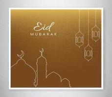 Eid mubarak poster with mosque and lantern vector