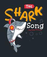Cute cartoon shark enjoying music through the headphone. Vector clip art illustration
