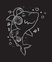 lindo tiburón de dibujos animados disfrutando de la música a través de los auriculares. ilustración de imágenes prediseñadas vectoriales
