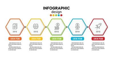 plantilla de diseño de línea infográfica de línea de tiempo vectorial con hexágono 5 pasos para presentación. vector