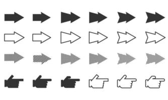 conjunto de iconos de varios estilos de flechas y manos direccionales vector