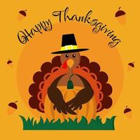Happy thanksgiving card. A turkey hugging a pumpkin. Perfect for everything about thanksgiving day vector