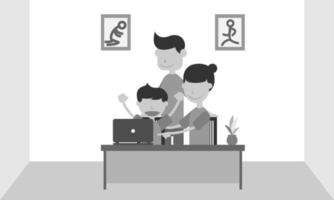 A boy is looking at a laptop happily with his family. Monochrome vector