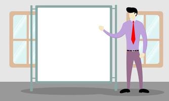 Presentation. A man is doing a presentation on a white board which is a copy space area. Suitable for news, product advertisements, presentations, etc. vector