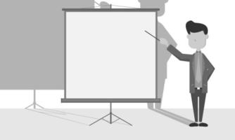 A business man is doing a presentation in front of a projector screen using a stick. Copy space area vector