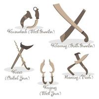 Various kinds of traditional weapons from Indonesia. There are called kurambiak from West Sumatra, klewang from South Sumatra, kris from Central Java, kujang from West Java, and rencong from Aceh. vector