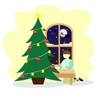 deseos para navidad. un niño está rezando por un regalo en la víspera de navidad. apto para medios de comunicación, libros para niños, ilustración de historias, etc. vector