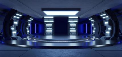 sala de estudio azul claro vacía interior futurista con escenario vacío con luces azules, fondo futuro para el diseño. foto