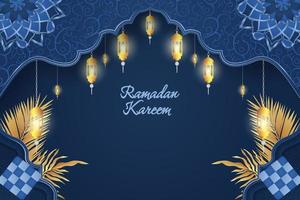 Ramadan Kareem Islamic blue color with ornament leaf vector