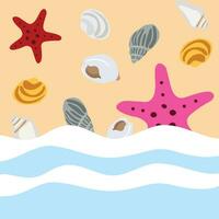 fondo de pantalla de playa con conchas y estrellas de mar. vector