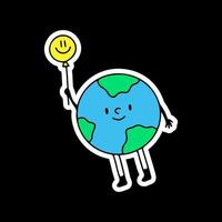 Earth planet flying with smile emoji balloon, illustration for t-shirt, sticker, or apparel merchandise. With doodle, retro, and cartoon style. vector