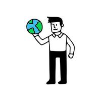 Young man with earth planet, illustration with doodle, retro, and cartoon style. vector