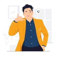 Young businessman with hand in his pocket making call gesture with fingers, Give me call concept illustration