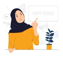 Beautiful Muslim woman showing and pointing fingers upper left and right corner with happy expression advices use this copy space wisely concept illustration vector