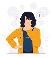 Girl with hand on chin feeling confused while looking up with thoughtful focused expression, questioned, thinking, and curious with question mark concept illustration vector