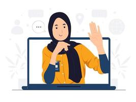 Muslim woman do business video call conference, telecommuting, Webinar, using laptop talk to colleagues, online learning and remote working concept illustration vector