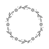 corona floral de primavera aislada sobre fondo blanco. marco redondo con flores. ilustración vectorial dibujada a mano en estilo garabato. perfecto para tarjetas, invitaciones, decoraciones, logo, varios diseños. vector