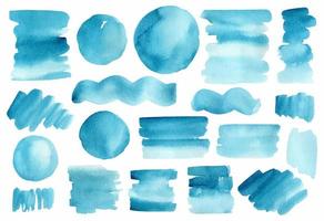 Set of abstract watercolor stains and brushstrokes of blue colors isolated on white background. Round and rectangular paint spots. Perfect for decorations, cards, various designs. vector