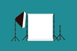 Vector illustration of photo equipment data style in photography studio with lights and blank billboard background