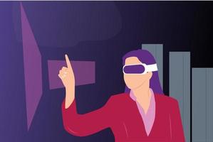 Vector graphic illustration of female cartoon character wearing virtual reality device and touching monitor. Suitable for any content about Metaverse, business, crypto and about the latest technology