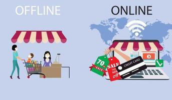 venta minorista fuera de línea a en línea convierta su tienda en un comercio electrónico exitoso en línea accesible en computadora y teléfono inteligente vector