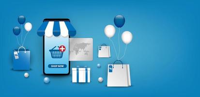 Online shopping. Digital technology m-commerce on smartphone application store. Mobile, social media, credit card, gift box, balloon, bag . Blue graphic concept. Vector illustrator.