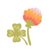 Four leaf clover and pink clover flower. Wild meadow flower icon isolated on white background. Decorative botanical flat cartoon vector illustration. Summer concept.