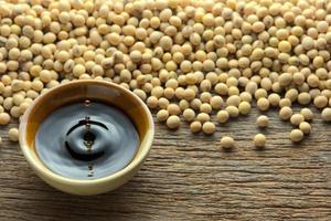 Soy sauce ,Soya, and soybean on wooden background. photo