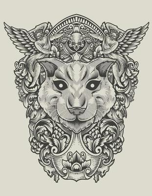 illustration cat head with engraving ornament