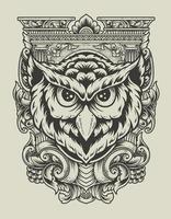 illustration owl head with engraving ornament vector