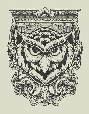 illustration owl head with engraving ornament