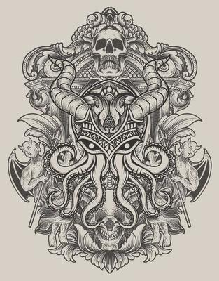 illustration vintage octopus with engraving ornament style