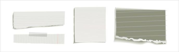 colección de tiras de papel rasgado blanco. trozos de papel realistas con bordes rasgados. notas adhesivas, fragmentos de hojas de cuaderno. ilustración vectorial vector