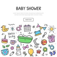 Hand drawn banner of baby elements. Background design template. Icons in linear hand drawn style. Vector illustration.