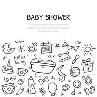 Hand drawn banner of baby objects and elements. Background template design. Symbols in linear hand drawn style. Vector illustration.