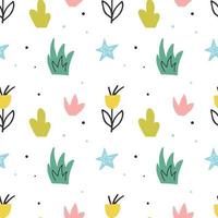 Cute vector seamless pattern with plants and stars. Hand drawn background with doodle drawings. Wrapping paper print design.