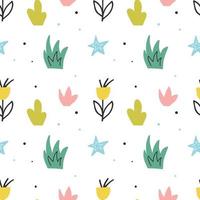 Cute vector seamless pattern with plants and stars. Hand drawn background with doodle drawings. Wrapping paper print design.