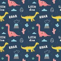 Seamless pattern with cute dinosaurs and hand lettering on a dark blue background. Hand drawn vector doodle design for kids.