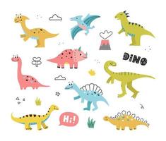 lindos dinosaurios dibujados a mano, plantas tropicales y letras. colección dino en estilo garabato. ilustración vectorial para niños. vector