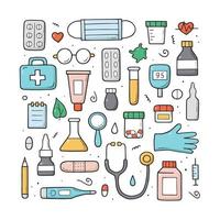 Hand drawn set of Medical doodle objects, elements and items. International nurse day. Isolated colored vector symbols on white background.