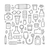 Hand drawn set of Medical doodle objects, elements and items. International nurse day. Isolated vector symbols on white background.